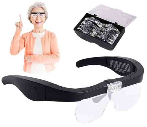 DXIA Lupenbrille, Lupenbrille Kopflupe mit 2 LED Licht, Kopfbandlupe mit 4 Wechselobjektive,1.5X/2.5X/3.5X/5.0X,4 Linsen, für Lesen, Reparatur, Uhrenmachen, Nähen, Handwerk, Schwarz