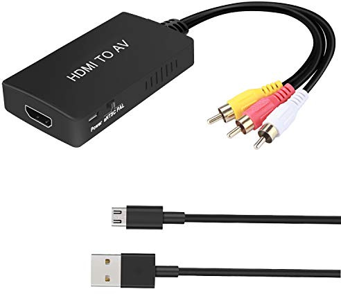 HDMI to RCA Converter, HDMI to AV 3RCA CVBs Composite Video Audio Converter Adapter Supports PAL/NTSC for TV Stick, Roku, Android TV Box, DVD ect, Black
