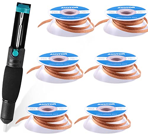 SIQUK 7 Stück Entlötpumpe und Lötdocht Kit mit 1 Stück Entlötpumpe und 6 Stück Lötdocht für Entfernen von Lötdochten