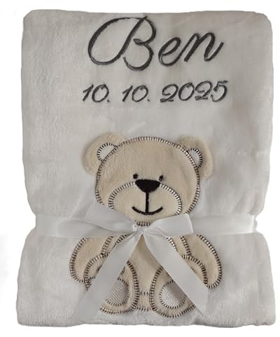 Wuff-Dogsworld Babydecke mit Namen und Geburtsdatum Bestickt, personalisierte Kuscheldecke, viele Motive & Farben, Geschenk zur Geburt für Mädchen & Jungen (weiß Bär)