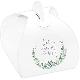 24 x Kartonagen weiß + Aufkleber 'Eukalyptus - Schön, dass du da bist!' Gastgeschenke Set für Hochzeit, Taufe, Kommunion, Konfirmation