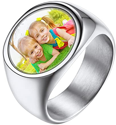 U7 Ringe für Herren Damen Personalisierter Ring mit Foto/Geburtsstein Edelstahl Siegelring mit Farbbild/Schwarzes Bild Fingerring mit Gravur Bandringe Memorial Souvenir Modeschmuck für Geburtstag