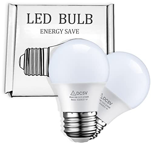 TIMEGOA Safety Low Voltage 5V 5W 3-Way Dimmable LED Light Bulb, G45 E26 E27 Base Energy-Saving Bulb, 60W Equivalent, 400 Lumens A19 Bulb, 2700K LED Light, 2 Pack