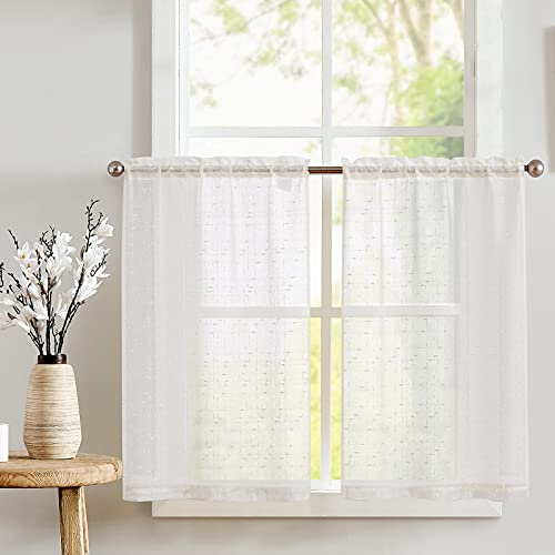 TOPICK Scheibengardinen modern Bistrogardinen 2er Set Wohnzimmer Küchenvorhang Küchengardinen Fenstergardinen, H90xB65 cm Küchenvorhänge Leinenoptik Landhausstil Durchlässig Gardinen Kurz Leinen