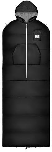 Thermotuff Wearable Sleeping Bag with Dual Hoodie, Zippered Arm Holes, Pockets & Adjustable Drawstring - Ideal for Camping, Cold Weather Hiking, and Stadium Sak Blanket L-XXL (Black)