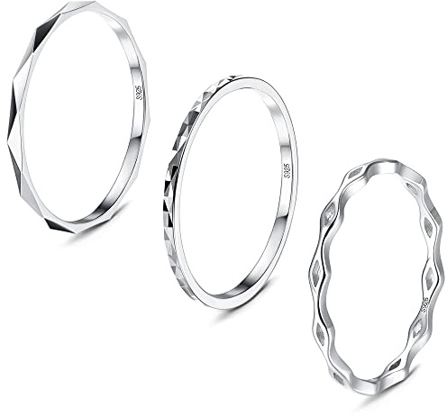 Krfy 3 Stück 925 Sterling Silber, einfaches Band Knöchelring, 18 Karat Weißgold Plattierung, Diamantschliff, 49,3-62,1MM