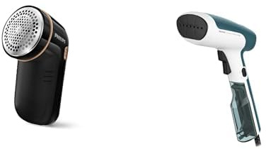 Tefal DT6131 Access Steam First Dampfbürste | 1300 Watt | 20 g/Min. & Philips Fusselentferner für alle Kleidungsstücke, entfernt kleine Knötchen, 2 Höheneinstellungen, batteriebetrieben, schwarz-Gold