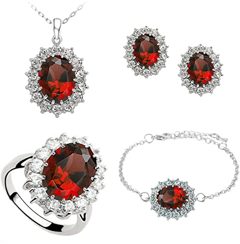 TOFBS Schmuckset für Damen und Mädchen Zirkonia Anhänger Halskette Ohrringe Armband und Ringe Set Prinzessin Diana Schmuck Set (Rot)