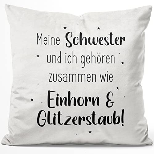 JUNIWORDS Kissen, Meine Schwester und ich gehören zusammen wie Einhorn & Glitzerstaub!, 40 x 40 cm, Flauschig Samtweich Weich (1008690)