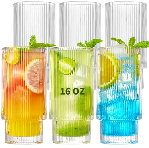 Qipecedm 6 Pack Ribbed Drinking Glasses, 16 oz Vintage Glass Cups, Highball Glasses, Premium Iced Coffee Glasses, Clear Glass Tumbler, Cocktail Glasses, Elegant Glassware for Water Juice Whiskey Beer