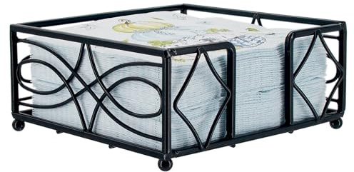 Boston International Napkin Caddy Metal Lunch Napkin Holder, Holds 6.5 x 6.5 Napkins, Wave- Black