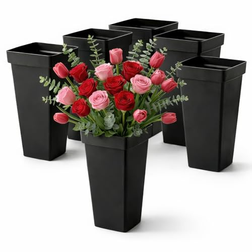 Kingrol 6 Pack Flower Buckets for Arrangements, Tall Plastic Floral Containers for Wedding Centerpieces, Florist Buckets Bulk, Modern Square Vase 13.25 Black