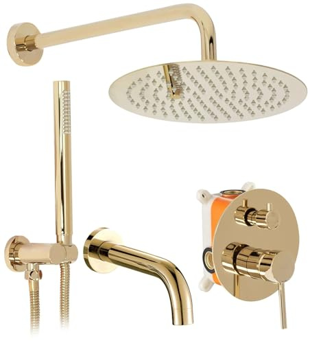 Rea Unterputz Wannen-/Duschsystem Lungo Gold + IBOX Duschset Duscharmatur mit Duschkopf und Kopfbrause aus Edelstahl Duschgarnitur für Badezimmer (Gold)