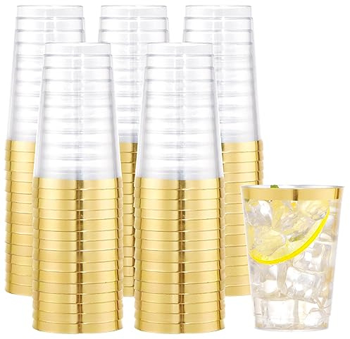 I00000 100PCS Gold Plastic Cups,10 oz Clear Plastic Cups with Gold Trim, Beer Mugs，Disposable Hard Cup For Party, Premium Cup Perfect for Wedding & Party