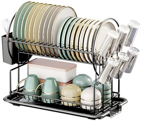 Zoutpy Scaffale portaoggetti da cucina, scolapiatti e cestello portaposate in metallo nero con rivestimento antiruggine a 2 ripiani porta ciotola, bacchette per stoviglie montaggio su bancone