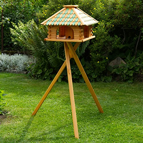 Deko-Shop-Hannusch Vogelhaus wahlweise mit Ständer und Solarbeleuchtung, Verschiedene Dachfarben (Vogelhaus mit Ständer, Dach Holzschindeln grün/braun)
