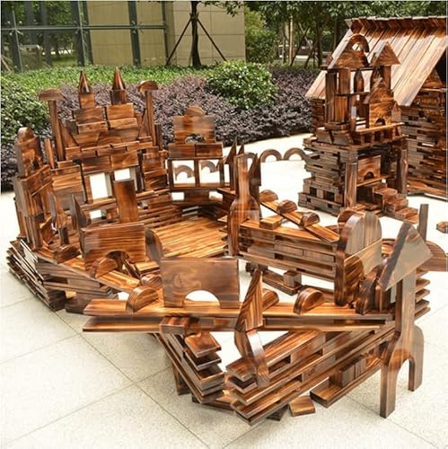 Große Holzbausteine 45 Teile für Kinder– Karbonisiertes Kiefernholz Baukasten, Schwere Bauklötze für den Außenbereich, Sensorik Spielzeug für Vorschule, Kita, Homeschool, Spielplatz & Garten (15,5kg)