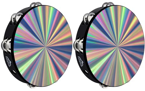EASTROCK Radiant Tambourine Hand Held Drum 10 Inch Double Row Jingles Reflective Tambourine Musical Instrument for Adults Church KTV Party (2 Packs)