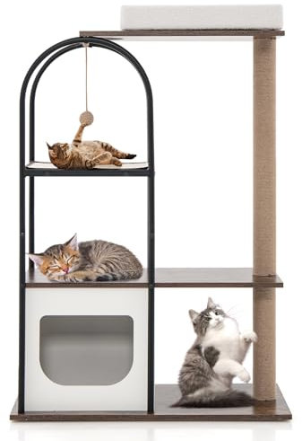 Maxmass Tall Cat Tree, 4-Tier Metal Cat Tower with Perch, 2-Door Condo, Platforms, Scratching Posts and Board & Hanging Ball, Indoor Cat Activity Center for Climbing, Playing, Sleeping (White)