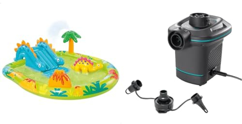 INTEX 57166 - Piscina Infantil Hinchable con dispersor de Agua y tobogán Dinosaurio, Centro de Juegos para niños & Intex 66640 - Bomba eléctrica invertible con boquillas 220-240V, Color Azul