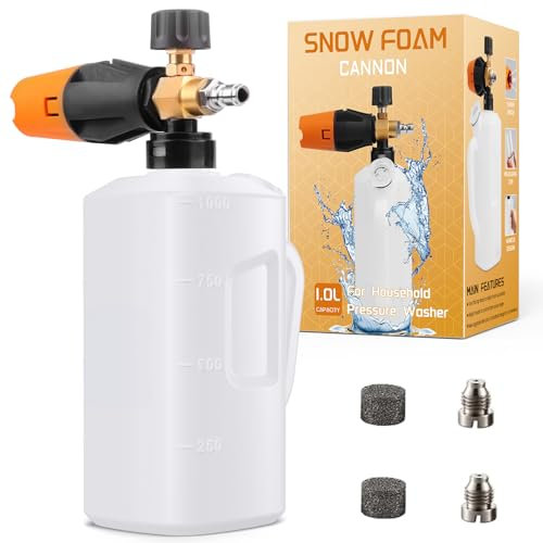 Fai Top 1L Pistolet à Mousse Lavage de Voiture Nettoyeur Haute Pression Pistolet à Mousse de Neige Raccord Rapide 1/4 Filtre à Maille Ajustable Buse de Pulvérisation Orifices