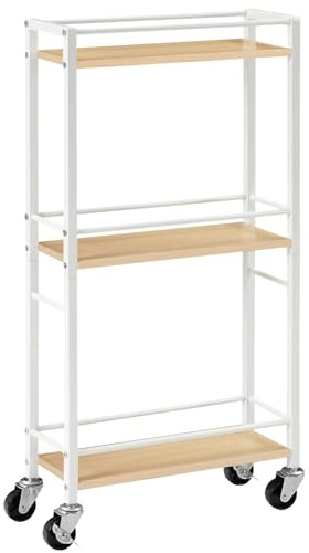 MAHANCRIS 3-Tier Slim Rolling Cart, Mobile Utility Cart on Wheels, Narrow Shelving Unit for Small Space, Wooden Kitchen Storage Rack, for Bathroom, Laundry, Living Room, White ARCBN1501