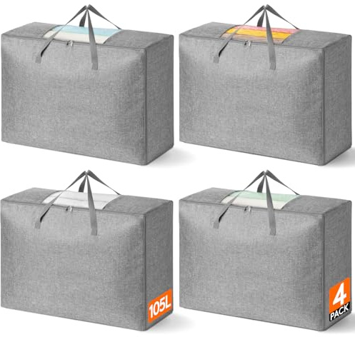 Lifewit Set di 4 Contenitori Vestiti 105L, Grandi Scatole per Armadio, Borsa per Trasloco con Manici Rinforzati, Scatole per Vestiti Cambio Stagione, Organizer Sotto Letto per Trapunte, Coperte