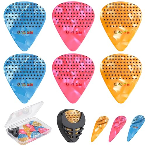 15 Pack rutschfeste Gitarrenplektren, 3 verschiedene bunte Celluloid-Gitarrenplektren, 0.46 0.71 0.96mm, dünn, mittel, schwer, mit Gitarrenplektrenhalter und Aufbewahrungsbox, für Gitarre, Bass.