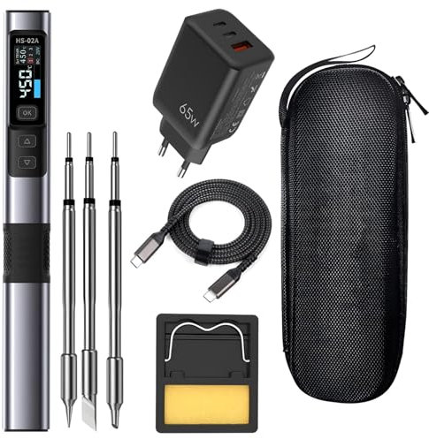 Treedix DC9-24V Mini Lötkolben Set, PD/DC 65W/100W Professioneller Lötkolben mit Digitalem Display und Drei Ersatzlötspitzen, Temperatur Einstellbar, PC/DC Dualstromversorgung, Inklusive PD Ladegerät