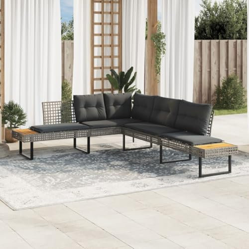 Xichuzi Gartensofa in L-Form mit Kissen Grau Poly Rattan und Akazie, Lounge Sofa Outdoor, Garten Loungemöbel, Gartensofa, Gartenlounge - 365635
