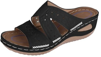 Fccrian ortopediska skor axelbandsskor hålfotsstöd sandaler andningsbara öppen tå sandaler bred passform bekväma svarta kil sandaler för kvinnor lätta strandskor damer lädersandaler, Svart, 41 EU