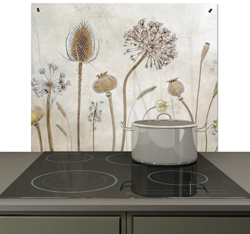 KitchenYeah© Crédence pour la Cuisine Murale Accessoire Déco Protège Mur | 60x52 cm - Plaque Anti Protection, Induction Fleurs - Aquarelle - Nature Morte - Marron - Vintage