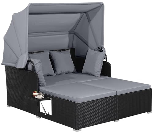 GIANTEX Solö solstol set rotting, trädgårdsfåtölj 2 personer med fällbart soltak, dubbel backning, solö med vikbar bricka och kudde, trädgårdslounge, trädgårdssnäcka, dagbädd utomhus (grå)