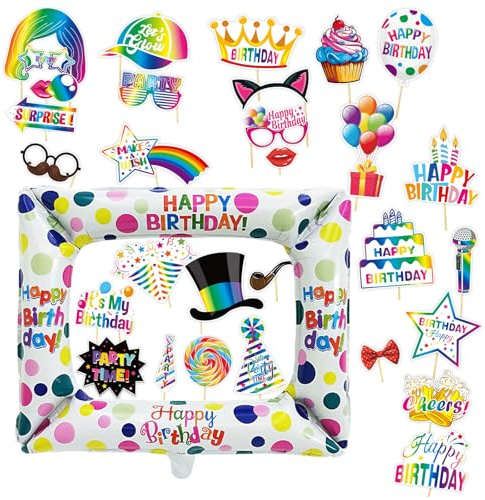 YunBey 30er Set Fotobox Accessoires, Geburtstag & aufblasbarer Rahmen | 30-teiliges Set mit Foto-Requisiten, Neon-Zubehör & aufblasbarem Rahmen. Ideal für Party, Geburtstag und lustige Fotos