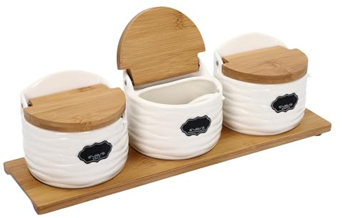 Modern Kitchen Spice Jar – Seasoning Jars Salt Pigs for Kitchen Ceramic Spice Jars with Bamboo Lids and Sugar Spoons 3 Spice Jars 9 Labels for Private Kitchens Restaurants Vendors Tables Etc