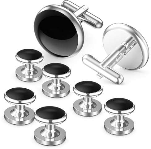 Lictin 8‑Piece Men’s Formal Cufflinks & Tuxedo Studs Set – Polished Black & Silver; Ideal Groom, Groomsmen & Business Shirt Accessory