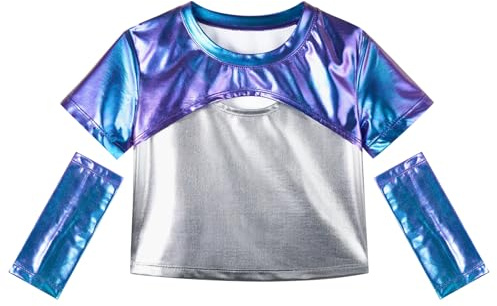 LOLANTA Barn flickor crop top metallic t-shirt kortärmad glittrande hip hop jazz prestanda toppar glänsande topp magfri balettdans toppar med metalliska ärmar, Blåviolett, 11-12 år