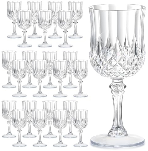 HTTBEIZI 7OZ Plastic Wine Glasses, Reusable Vintage Goblets Unbreakable Drinking Glasses Crystal Water Cups Champagne for Wedding, Parties (24, Clear)