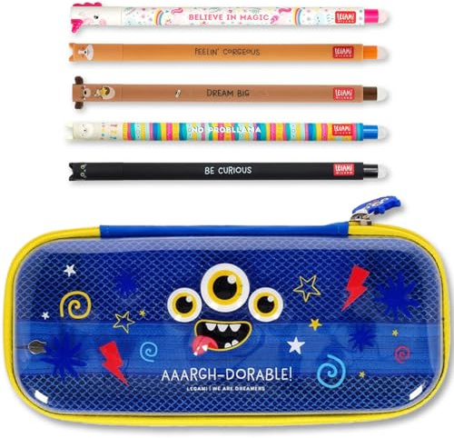LEGAMI WonderWow Federmäppchen & radierbarer Stift | Set mit 5 niedlichen Tierstiften mit thermosensitiver Tinte + Federmäppchen mit 2 Fächern (Monster)