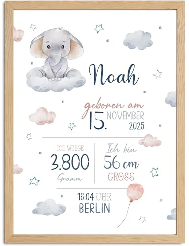 SpecialMe® Baby Poster personalisiert mit Geburtsdaten – Geburtsposter mit Elefant Wolken Sternen – Name Datum Größe Gewicht – Geschenk Geburt