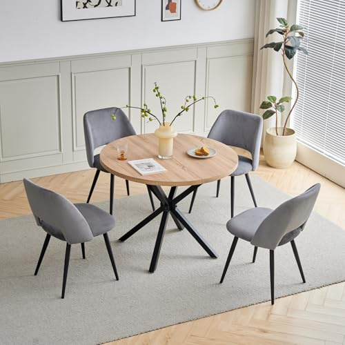 JZGORC Esstisch und Stuhlset, 100 cm Runder MDF Esstisch, 4 Gepolsterte Küchenstühle aus Cord mit Hohlrückenlehne, für Esszimmer, Wohnzimmer, Küche (Helle Farbe + Grau)