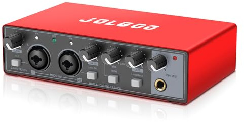 USB Audio Interface, Red 24-Bit/192kHz Plug & Play Sound Card for Recording – XLR/Line In, Headphone Out, Low Latency, Compatible with PC, Mac, Smartphone
