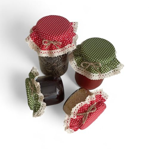 10 Pieces Elastic Jar Cover Cloth - 100% Cotton - Stretchy Colorful (Red and Green) Polka-Dot Pattern - Breathable Fermentation Lid Bowl - Reusable Elastic Cloth Jar Covers