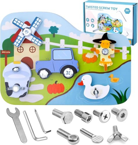 Liangding Jouet Montessori en Bois – Planche à Visser sur Le thème de la Ferme, Jeu de motricité Fine pour Enfants de 3, 4 et 5 Ans, Jouet éducatif et Cadeau pour Filles et garçons (16 pièces)