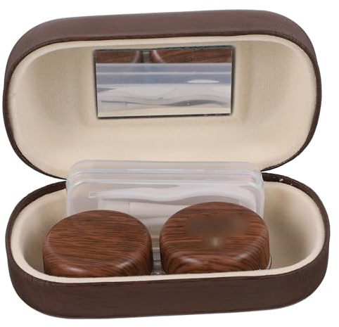Gogogmee Leak-Proof Contacts Lens Case Box with Vintage Leather Lining and Wood Grain Design, Portable Dual Compartments, Clip and Mirror Included, Lightweight Storage for Daily Travel Use