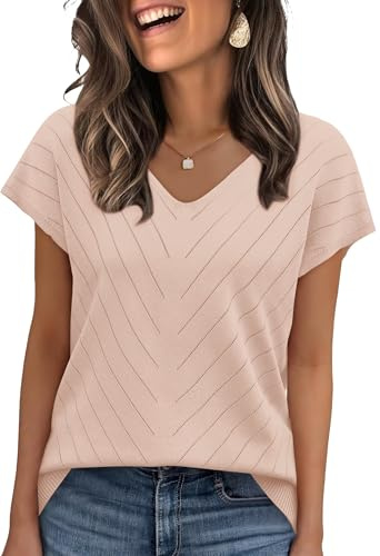 WIHOLL Women's Jumpers Short Sleeve V-Neck Knit Ladies Tops Summer Spring Sweaters Casual T Shirts for Women UK Apricot S