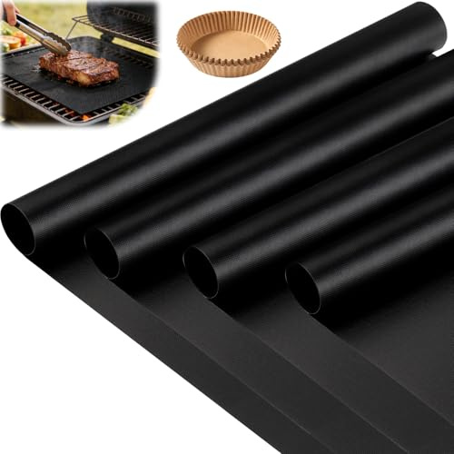 msymsyu 4er Backofenmatte 40x33CM Backofen Schutzmatte Schwarz Antihaft | Wiederverwendbar, mit 20 Backpapier, Hitzebeständig Grillmatten für Gasgrill, Holzkohle, Backofen, Grills Holzkohlegrills