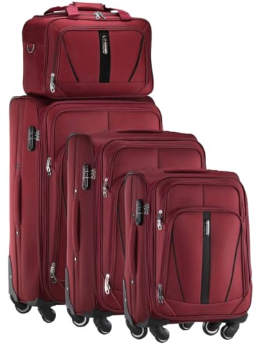 Diamond 4-teiliges Weichschalenkoffer-Set mit Reisetasche – Dunkelrot, Erweiterbar, 360° Rollen, Zahlenschloss, Codura 1200D, Leicht & Robust