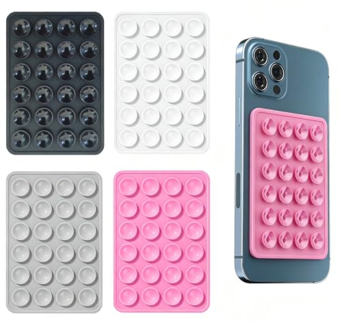 iLamvie Set da 4 Supporti a Ventosa in Silicone per Smartphone, Pad Adesivi Antiscivolo per Selfie, Video, Vlog, Specchi, Vetro e Superfici Lisce, Nero Bianco Grigio Rosa