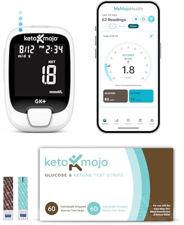 Keto-Mojo GK+ Glucose & Ketone Testing Kit with 140 Test Strips – Advanced Bluetooth Meter with Free App for Ketosis Fat-Burning Fasting & Metabolic Support – Includes 70 Glucose + 70 Ketone Strips